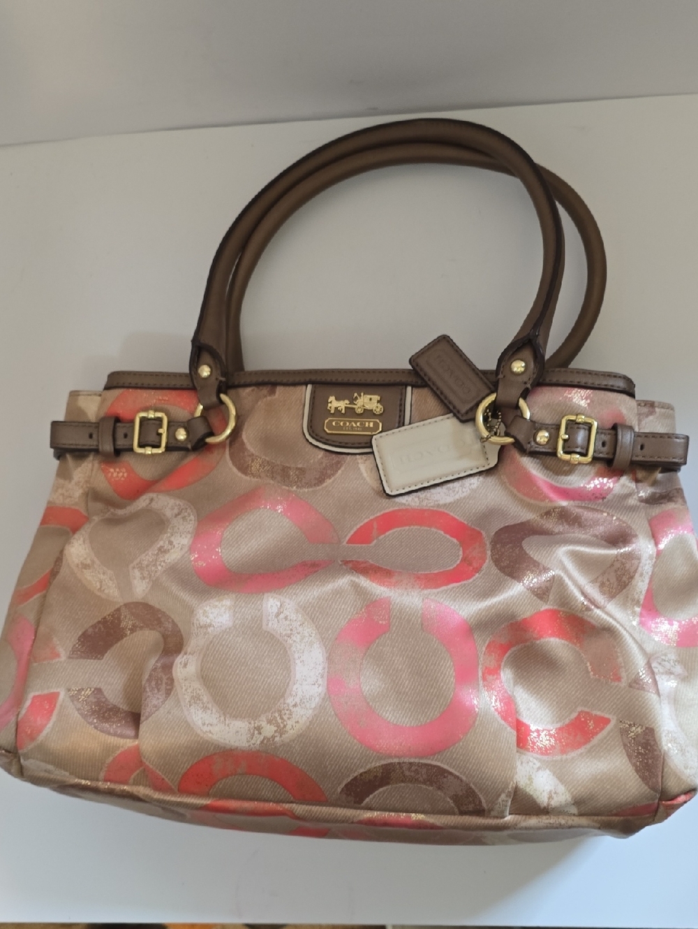 Coach Pink and Tan Signature Circle Shoulder Bag